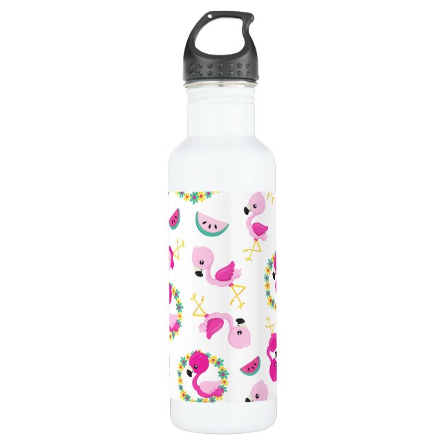 Tropisches Muster, Flamingos, Wassermelonen, Blume Edelstahlflasche (Vorderseite)
