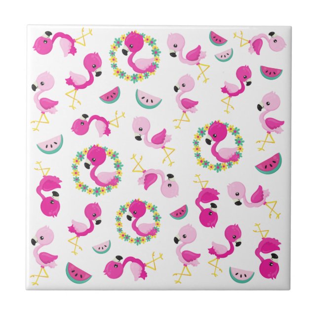 Tropisches Muster, Flamingos, Wassermelonen, Blume Fliese (Vorderseite)