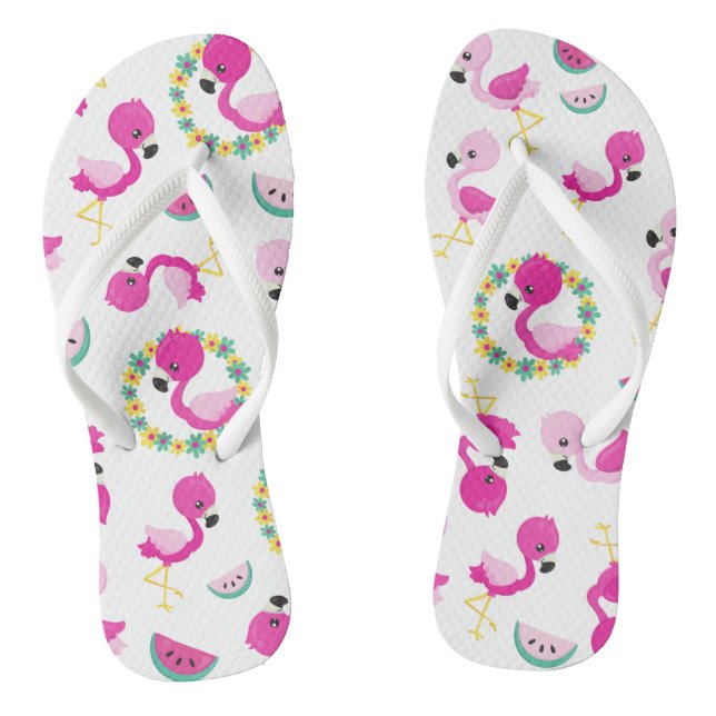 Tropisches Muster, Flamingos, Wassermelonen, Blume Flip Flops (Fußbett)