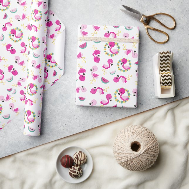 Tropisches Muster, Flamingos, Wassermelonen, Blume Geschenkpapier (Kunsthandwerk)