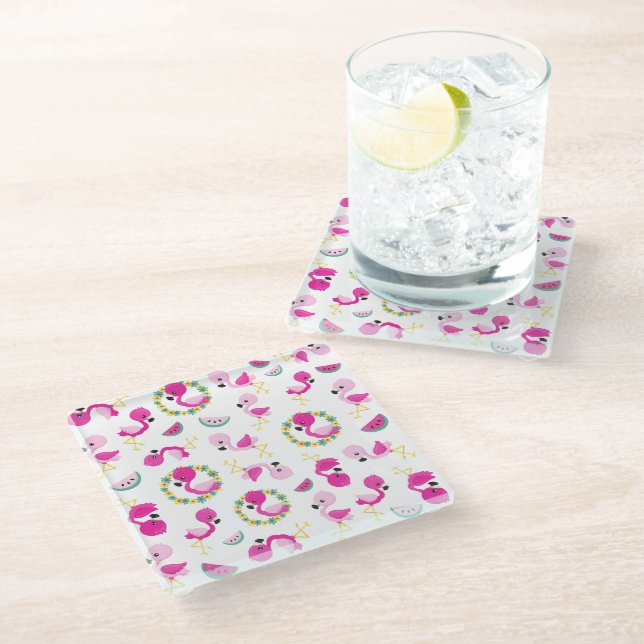 Tropisches Muster, Flamingos, Wassermelonen, Blume Glasuntersetzer (Schrägansicht)