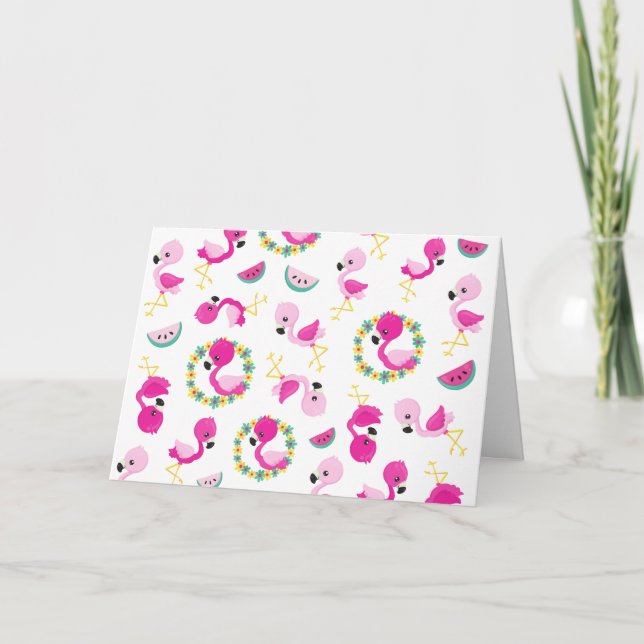 Tropisches Muster, Flamingos, Wassermelonen, Blume Karte (Vorderseite)