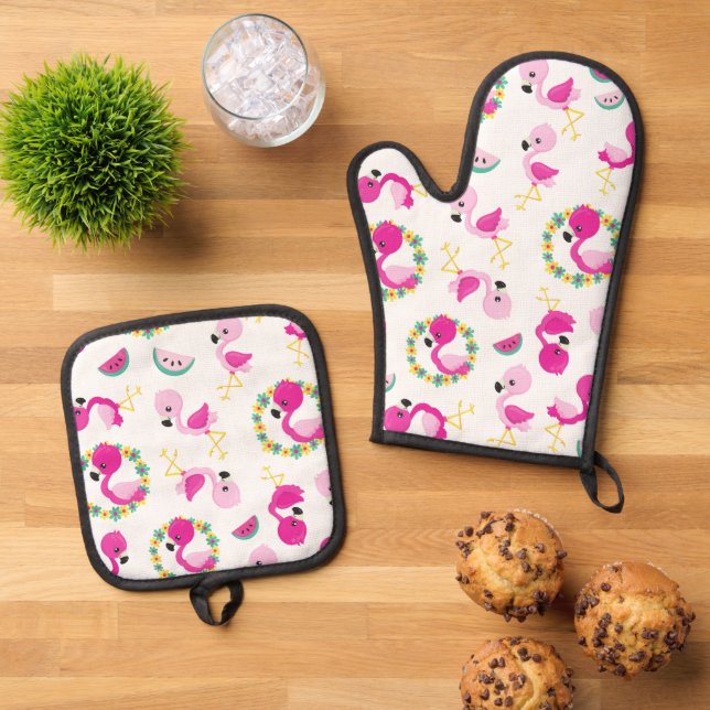 Tropisches Muster, Flamingos, Wassermelonen, Blume Ofenhandschuh & Topflappen-Set (Oben Unten)