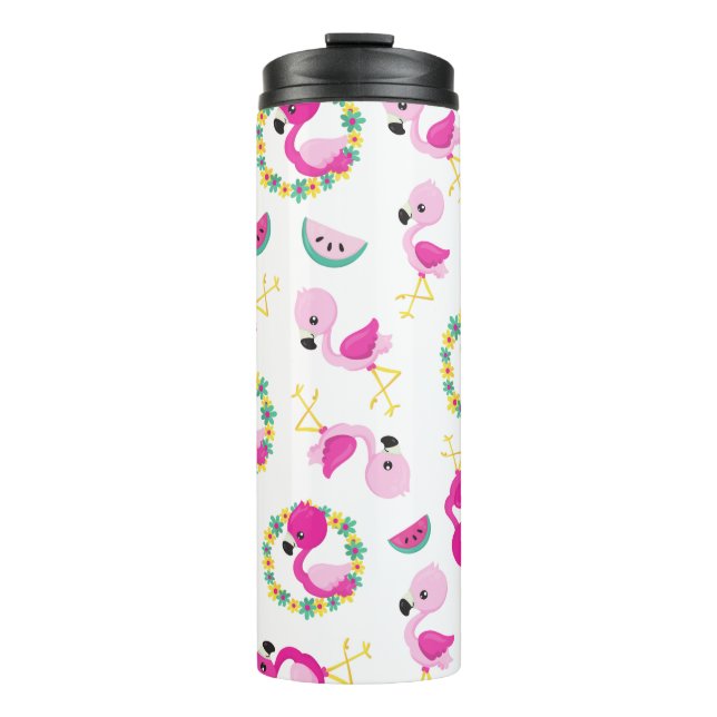 Tropisches Muster, Flamingos, Wassermelonen, Blume Thermosbecher (Vorderseite)