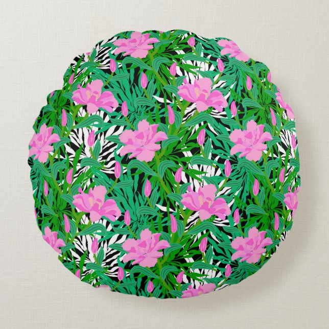 Tropisches Muster mit Dschungel-Blumen Rundes Kissen (Vorderseite)