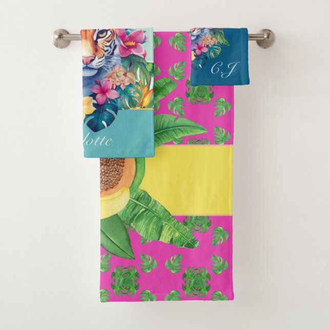 Tropisches Muster mit Leopard, Blätter und Blume Badhandtuch Set (Insitu)