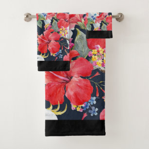Tropisches Muster Roter Hibiskus Cockatoo Badhandtuch Set