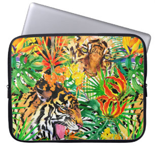tropisches nahtloses Muster mit Tiger. Aquarell j Laptopschutzhülle
