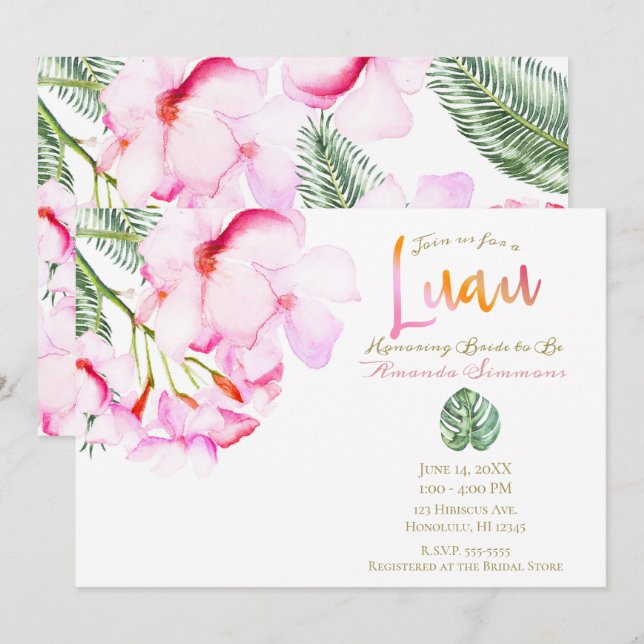 Tropisches Oasis Rosa grünes hawaiianisches Brautp Einladung (Vorne/Hinten)