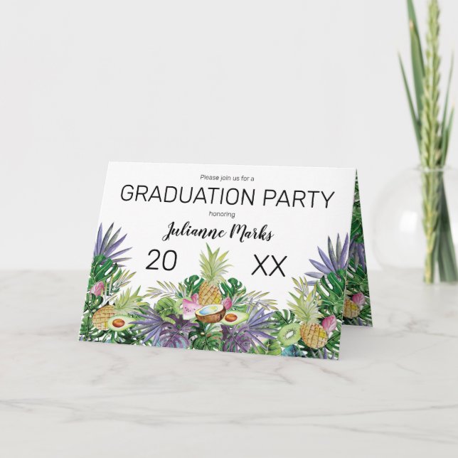 Tropisches Obst | Greenery Summer Graduation Party Einladung (Vorderseite)