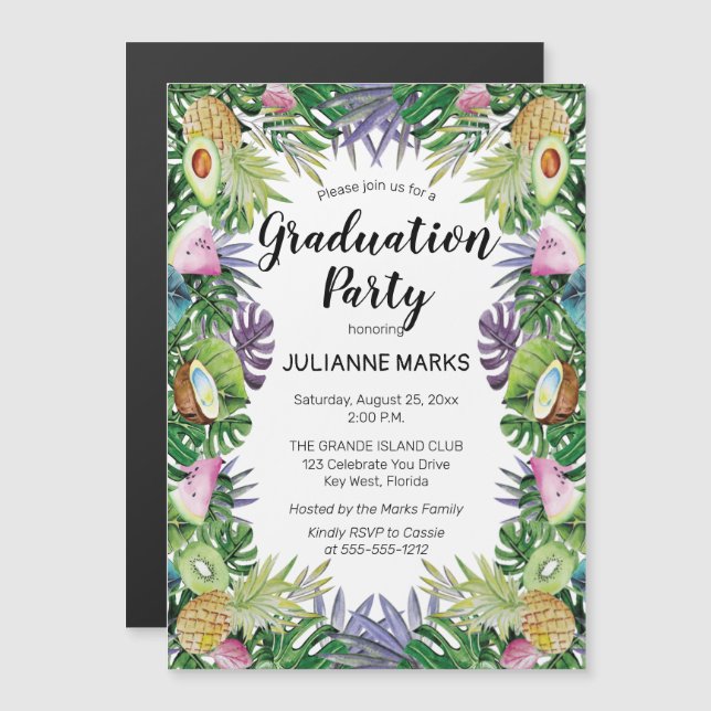 Tropisches Obst| Greenery Summer Graduation Party Magneteinladung (Vorne/Hinten)