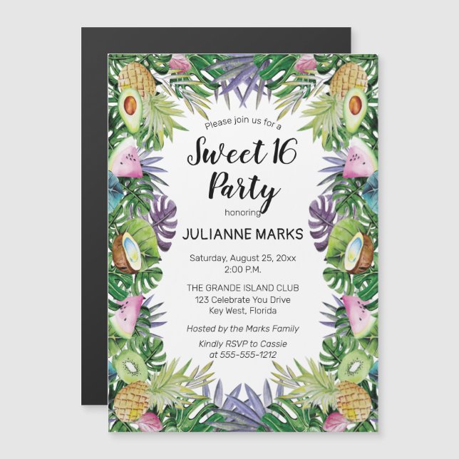 Tropisches Obst | Greenery Summer Sweet 16 Party Magneteinladung (Vorne/Hinten)