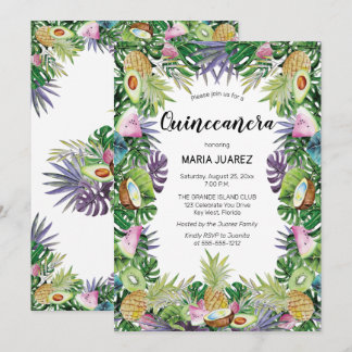 Tropisches Obst | Greenery Sunset Quinceañera Einladung