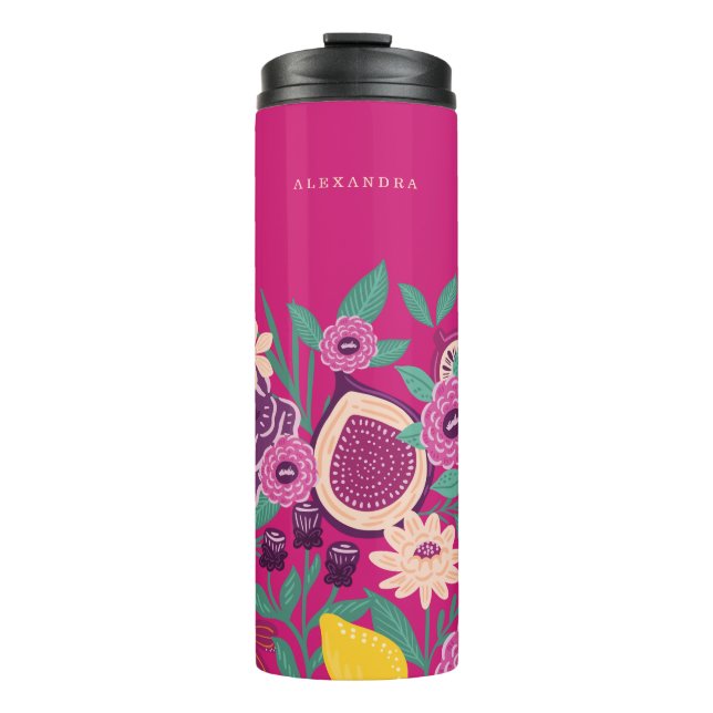 Tropisches Obst und Wildblumen Botanisches Rosa Thermosbecher (Vorderseite)