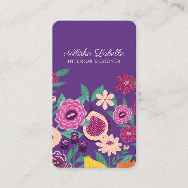 Tropisches Obst und Wildblumen Botanisches Violett Visitenkarte (Vorderseite)