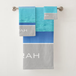 Tropisches Ocean Beach Gray Monogramm Badezimmer Badhandtuch Set