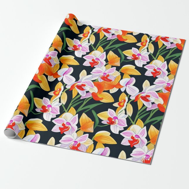 Tropisches Orange Orchid Flora Geschenkpapier (Ungerollt)