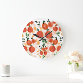Tropisches Orange- und Blätter-Muster Große Wanduhr