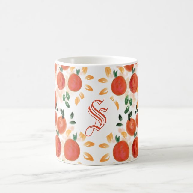 Tropisches Orange und Blätter Muster Mit Monogramm Kaffeetasse (Mittel)