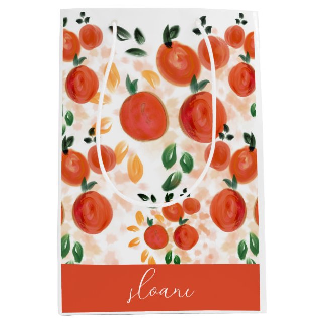 Tropisches Orange- und Blätter-Muster Mittlere Geschenktüte (Vorderseite)