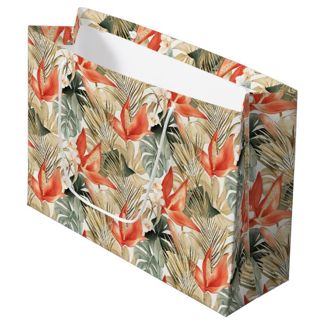 Tropisches Orangen-Anthurium-Brautparty Große Geschenktüte (Vorderseite Schrägansicht)