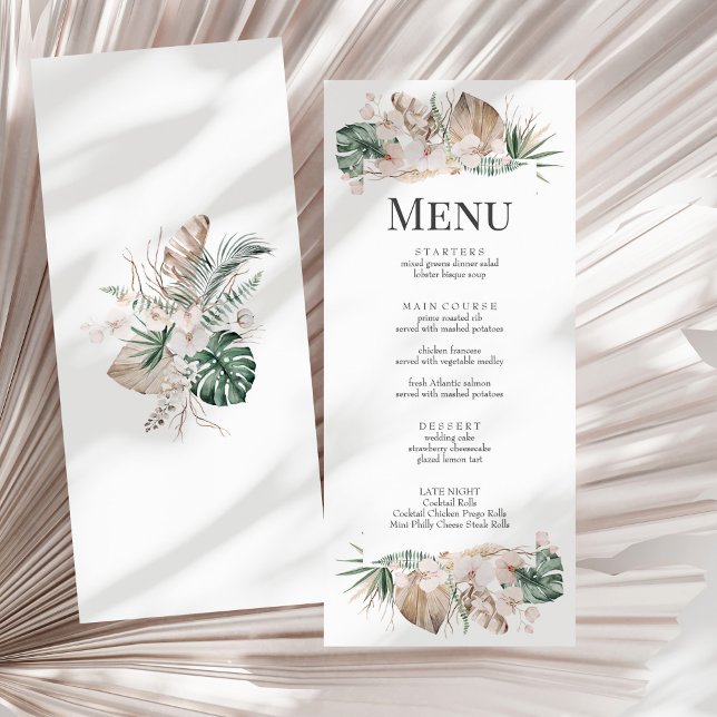 Tropisches Orchid- und Monstera-Hochzeitsmenü Menükarte (Tropical Orchid and Monstera Wedding Menu Card on a sunny white dry palm leaf.)