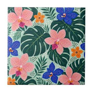 Tropisches Orchideen- & Monstera-Blumenmuster Fliese