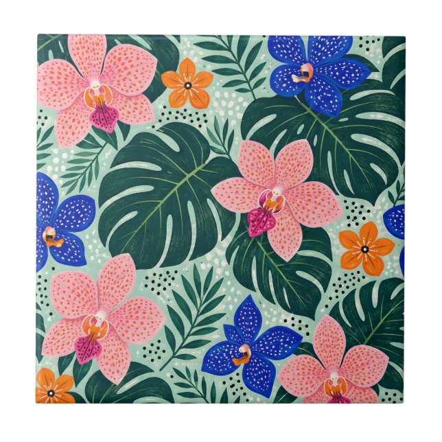 Tropisches Orchideen- & Monstera-Blumenmuster Fliese (Vorderseite)