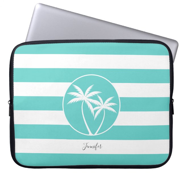 Tropisches Palm-Logo auf Streifen mit beliebigem N Laptopschutzhülle (Vorderseite)