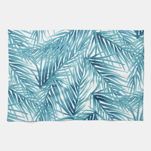 Tropisches Palmblatt-Aqua-Aquarell Geschirrtuch (Horizontal)