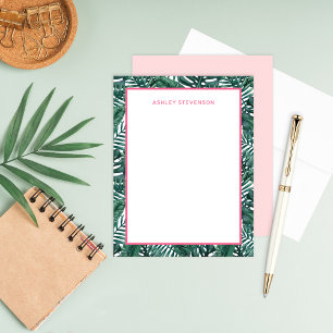 Tropisches Palmblatt Rosa Porträt Monogramm Mitteilungskarte