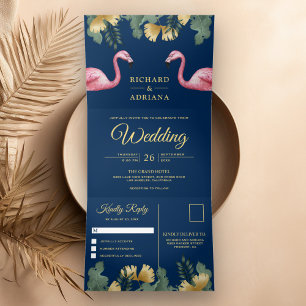 Tropisches Palmen Navy Blau Flamingo Paar Hochzeit Dreifach Gefaltete Einladung
