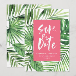 Tropisches Palmenblatt und Drehbuch Aquarellpinke Save The Date