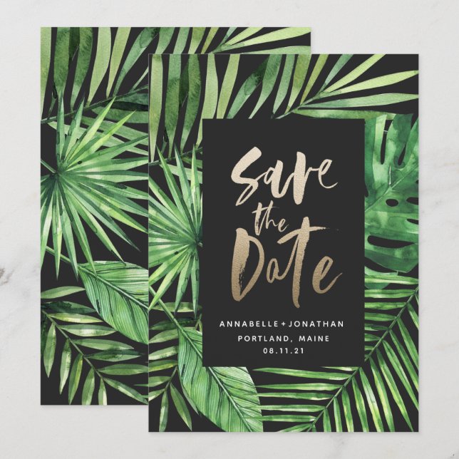 Tropisches Palmenblätterblättern und Goldschrift Save The Date (Vorne/Hinten)