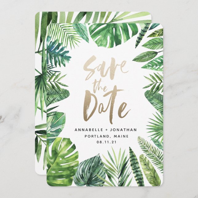 Tropisches Palmenblätterblättern und Goldschrift Save The Date (Vorne/Hinten)