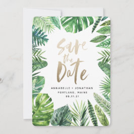 Tropisches Palmenblätterblättern und Goldschrift Save The Date