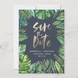 Tropisches Palmenblätterblättern und Goldschrift Save The Date