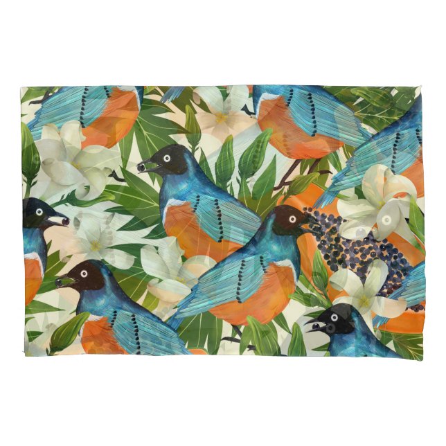 Tropisches Papaya- und Vogelmuster. Kissenbezug (Vorderseite)