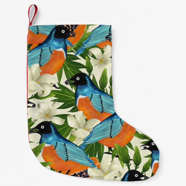 Tropisches Papaya- und Vogelmuster. Kleiner Weihnachtsstrumpf (Vorderseite)