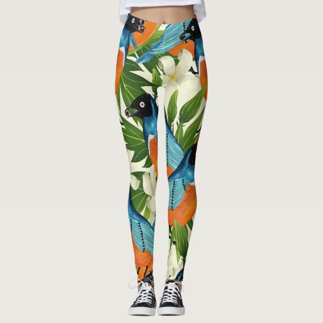 Tropisches Papaya- und Vogelmuster. Leggings (Vorderseite)