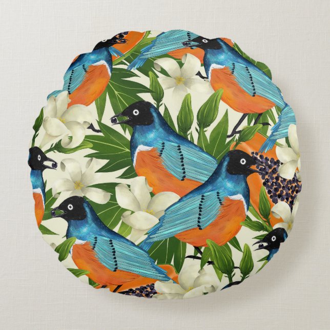 Tropisches Papaya- und Vogelmuster. Rundes Kissen (Vorderseite)