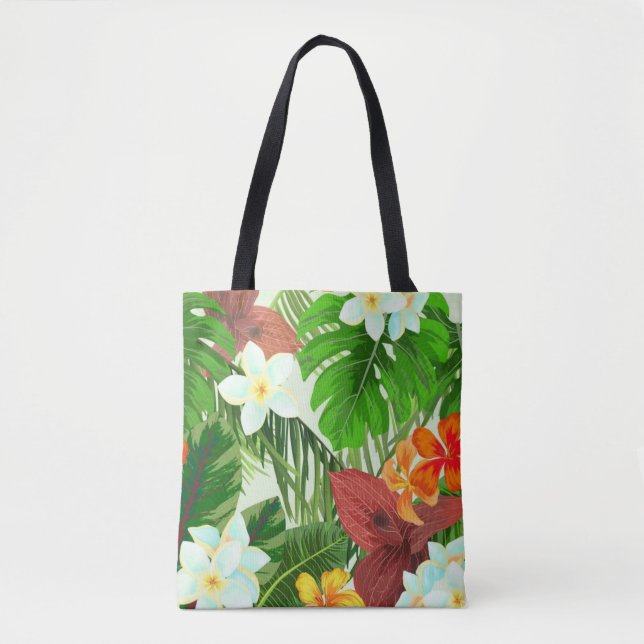 Tropisches Paradies Bunte Blume und Blätter Tasche (Vorderseite)
