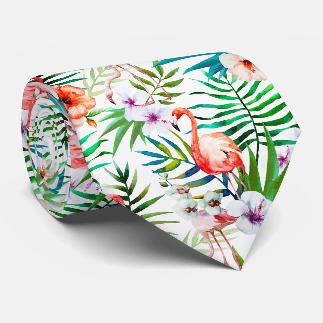 Tropisches Paradies Flamingo Blume Blätter Krawatte (Gerollt)