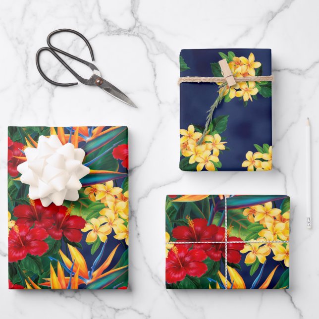 Tropisches Paradies Hawaiian Floral Kleines Trio Geschenkpapier Set (Vorderseite)