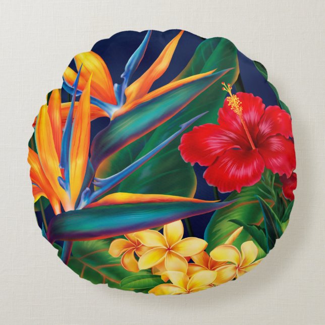 Tropisches Paradies Hawaiian Floral Rundes Kissen (Vorderseite)
