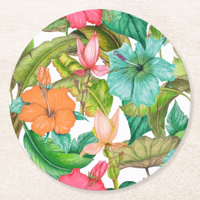 Tropisches Paradies Hawaiianischer Hibiskus Blumen Runder Pappuntersetzer (Vorderseite)
