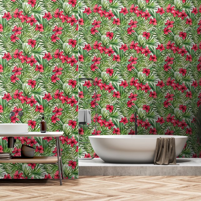 Tropisches Paradies Hibiskus Blume Küstenstrand Tapete (Badezimmer)