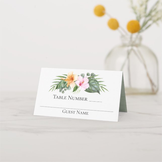 Tropisches Paradies Hibiskus und Palmen Hochzeit Platzkarte (Vorderseite)
