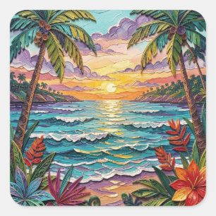 Tropisches Paradies   Küstenstrand Szene Impasto Quadratischer Aufkleber