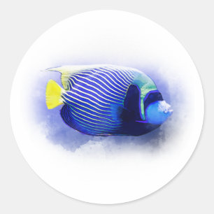 Tropisches Paradies Meer Blauer Fisch Wasserfarbe Runder Aufkleber